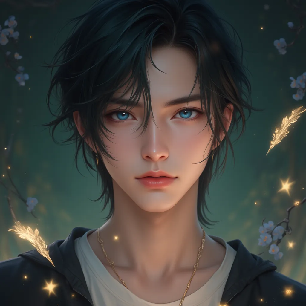 masterpiece, best quality artwork, 8k, of the highest quality, best graphic,  Beautiful dark blue eyes  , beautiful sensual pink lip , beautiful background highlighting the portrait ,  mid-length hair between dark green and dark blue  , 23 year old man , j...