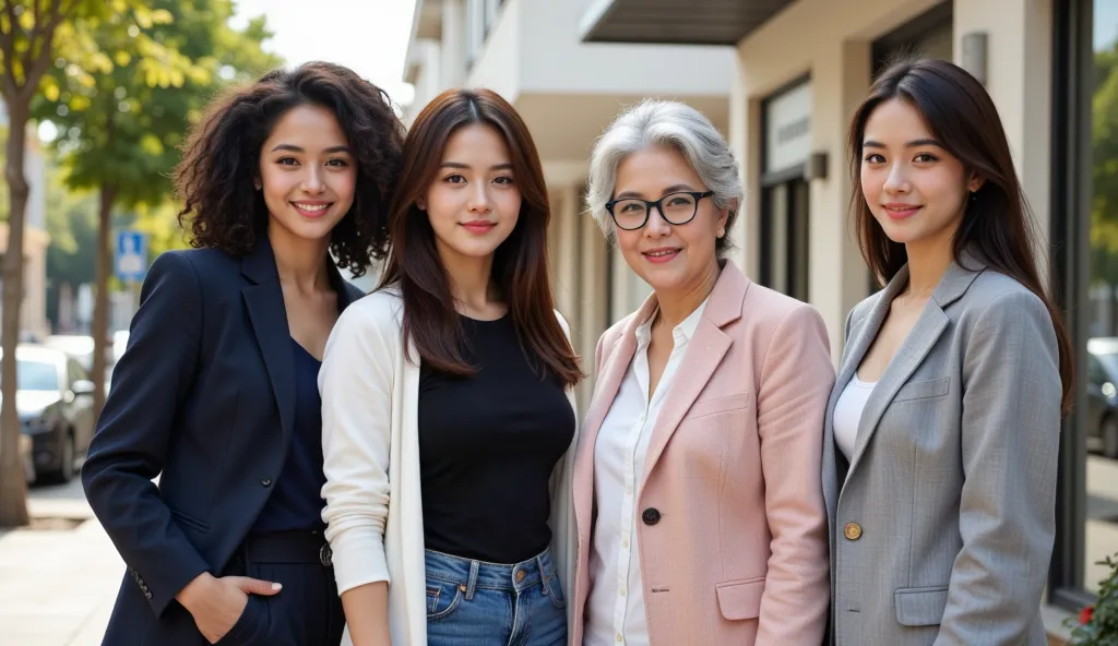 Professional photo of 4 ethnic women, being an Asian, a latin, an Afro-descendant, uma caucasiana, a brunette, and different ages, from young people of 20 to the elderly, in an external environment, young and very clean, bright and well lit.