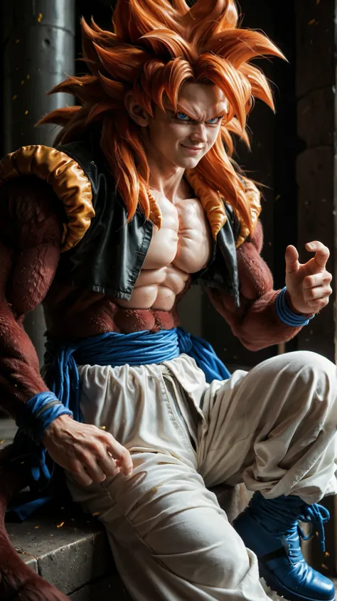 Ssj4 gojeta ,character with a muscular build, featuring spiky orange hair and a confident expression. The character has maroom fur skin  and is wearing a black top with a yellow fur-like collar. The outfit includes white baggy pants tied with a blue sash, ...