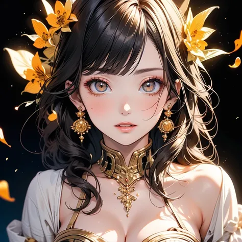 ((masterpiece)), (  top quality ))), Very Rich Detail ,  Sexy seductive woman is sweating , ( Very Exquisite Beautiful Face ), (   Every detail is amazing ), Chest covered with yellow petals , (   Full Chest   ,  Dark Hair ),    Focus on Face   ,    Focus ...