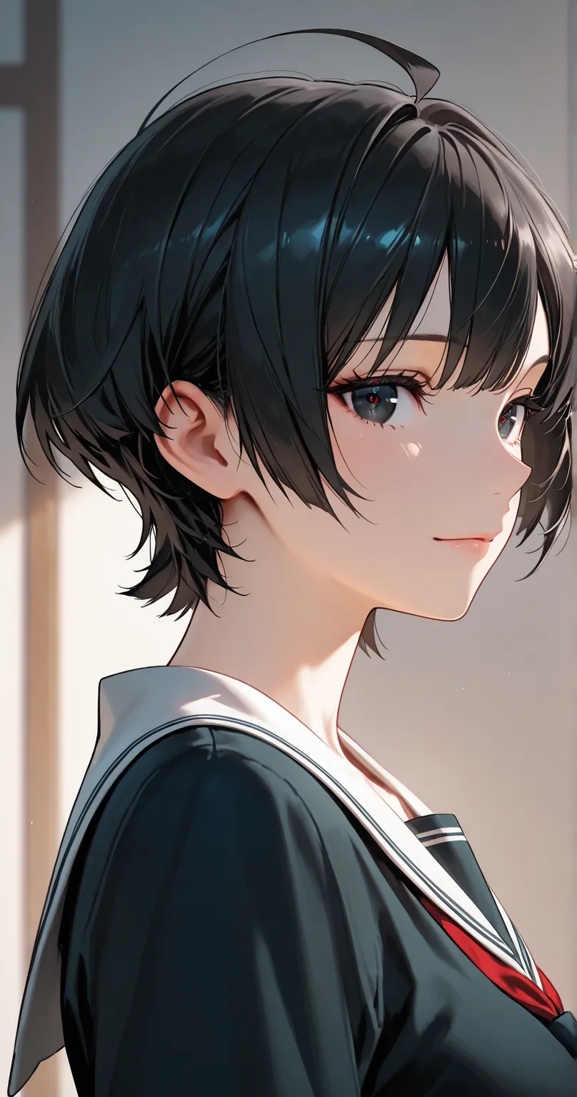 insanely detailed,
She is beautiful,
beautiful eyes, detailed eyes, detailed irises, gentle shading,
Black eyes,
Short choppy messy pixie cut, black hair, light reflections,
tousled hair(1.5), ahoge,  
Sharp focus on eyes and facial features,
calm and comp...