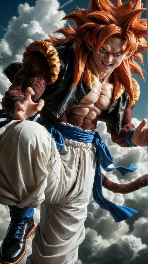 Ssj4 gojeta ,character with a muscular build, featuring spiky orange hair and a confident expression. The character has maroom fur skin  and is wearing a black top with a yellow fur-like collar. The outfit includes white baggy pants tied with a blue sash, ...