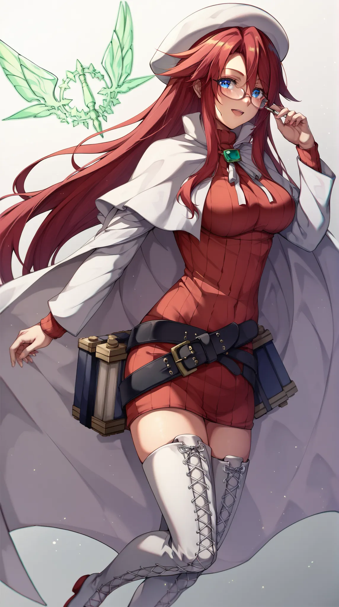 Atti、summon night３、1 girl who died、solo、blue eyes、red hair、long hair、Hair between the eyes、Glasses、white beret、red sweater、White Cape、２black book belt、thigh high boots、White footwear、barefoot、square cape closure with green jewels、masterpiece、top quality、un...