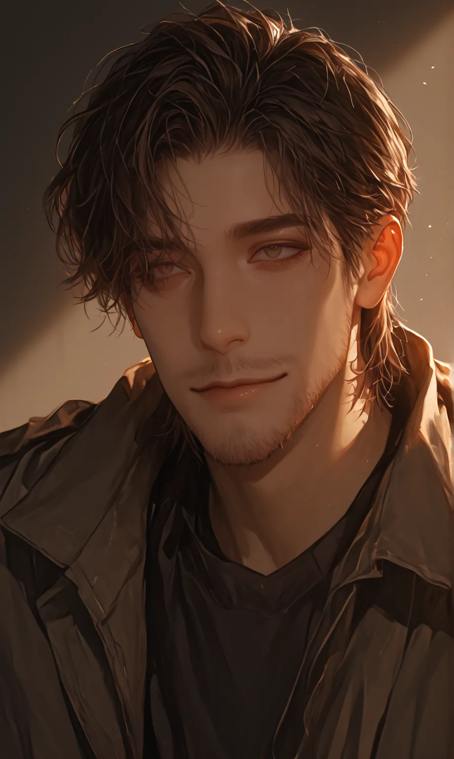 . Half a realistic-looking man, dark brown hair and light brown eyes.,high resolution, Shut up,  short hair , Thin beard,  thin smile , illustration, Solo, 