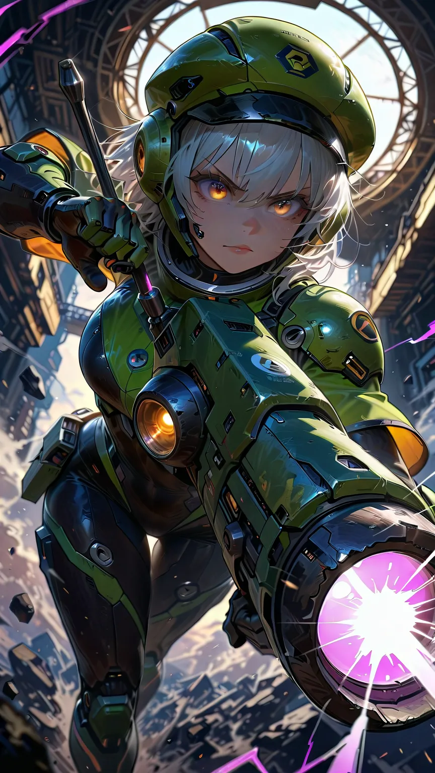 core_9, score_8_up, score_7_up, dramatic lighting, highly detailed, cinemascope, moody, epic scene, gorgeous, film grain, grainy, masterpiece, best quality, perfect anatomy, very aesthetic, official art, mecha armor female, shiny color silver hair, medium ...