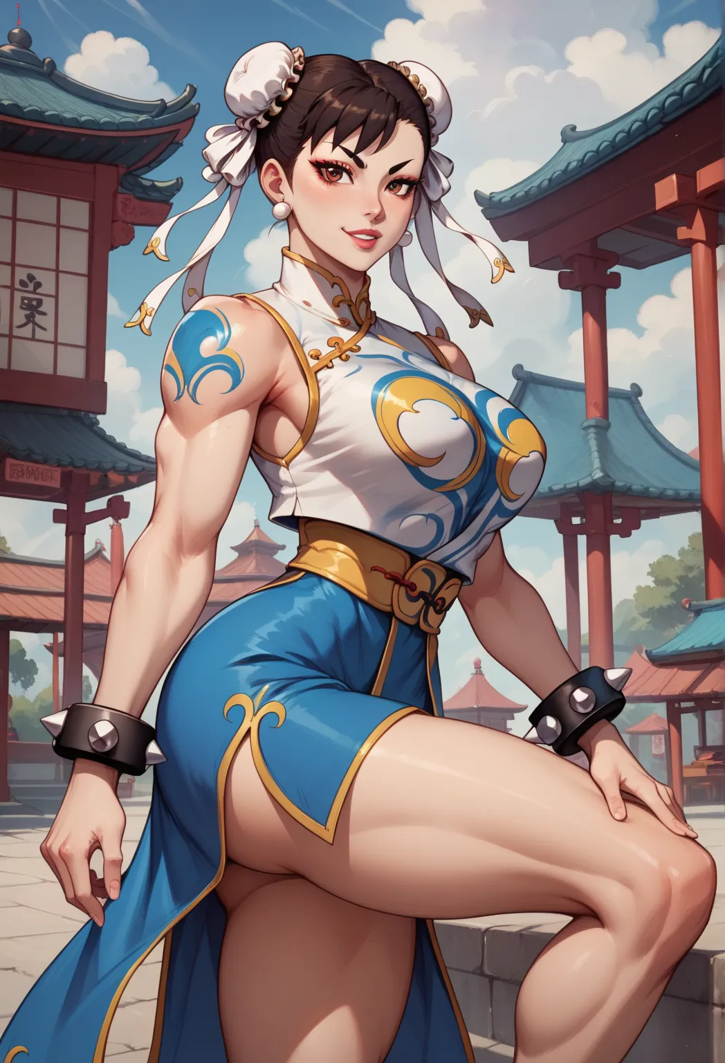 chun-li, Street fighter,  femme chinoise,   cheveux noirs,  poitrines moyennes,  cul dur ,  cuisses épaisses,  taille fine, legging preta colada, haut blanc,  ventre en l&#39;air 