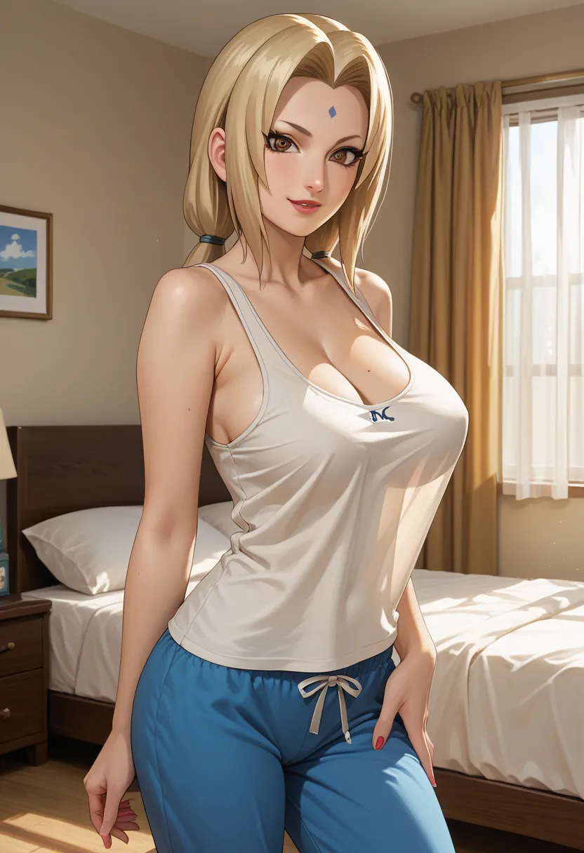 Masterpiece, extremely detailed, 8k quality, Tsunade, Naruto the anime, inn bedroom, large breasts, tank top, pajama pants