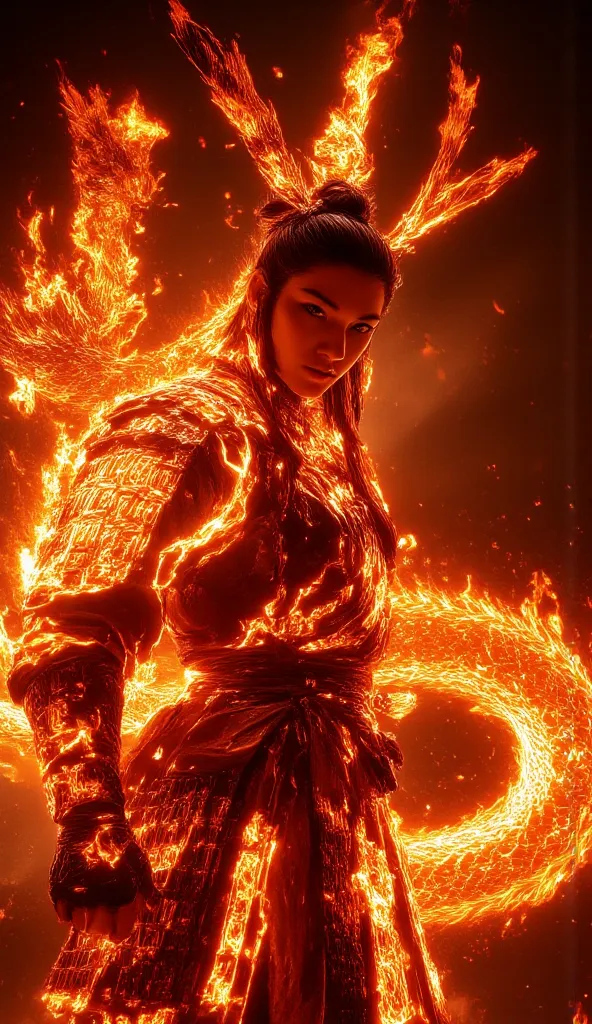 Live Wallpaper 4K High Definition, Long Haired Girl With Fire, His Body Is Flames, He Stands In Front Of The Fire, Samurai Warrior Guardian In Red And White Kimono, Realistic Human, CG Animation, Mana, Indian Warrior, Unreal Engine, High Performance, Scary...