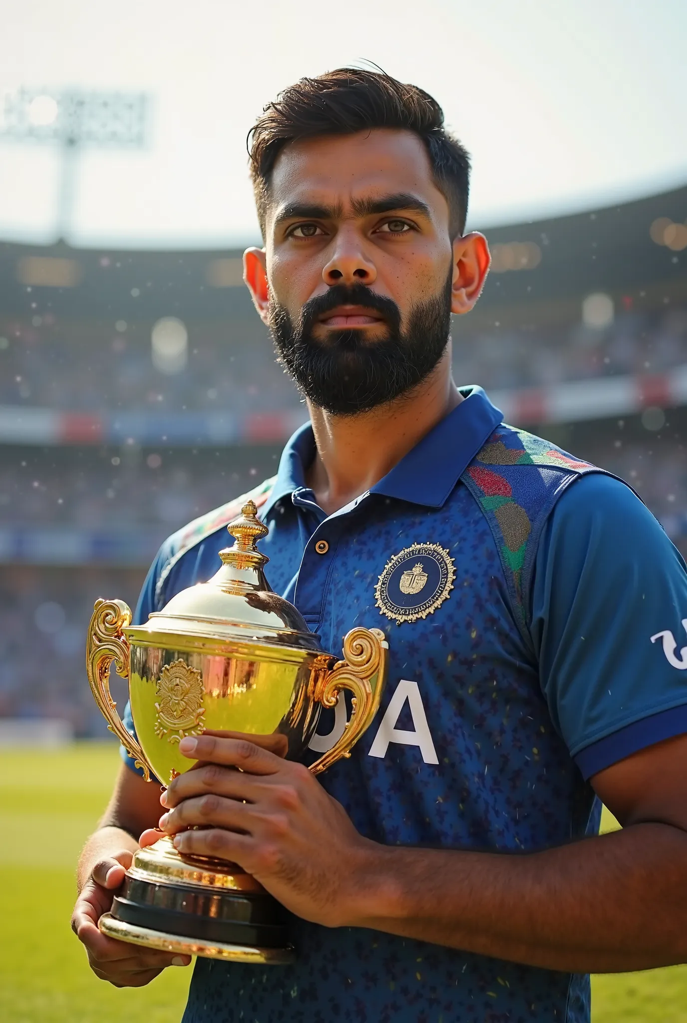 virat kohli holding icc trophy, detailed portrait, realistic facial features, serious expression, holding trophy with pride, standing in stadium, cheering crowd in background, sunlight streaming, sports championship, high quality, 8k, ultra-detailed, photo...