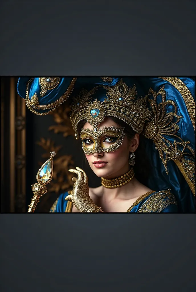 visage d'une femme portant un masque de venise couleur or et un chapeau or et bleu tenant un sceptre avec un gros diamant, des gants or, le fond est noir