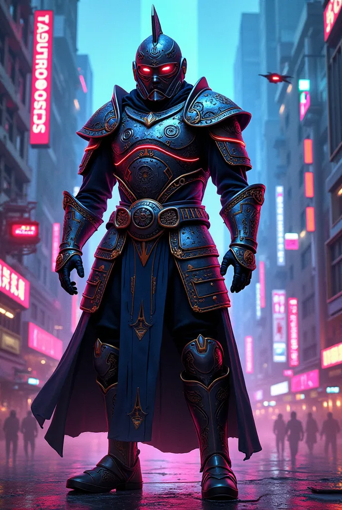 mongolian warrior with full armor, upgraded into a cyberpunk technologies, 2d art