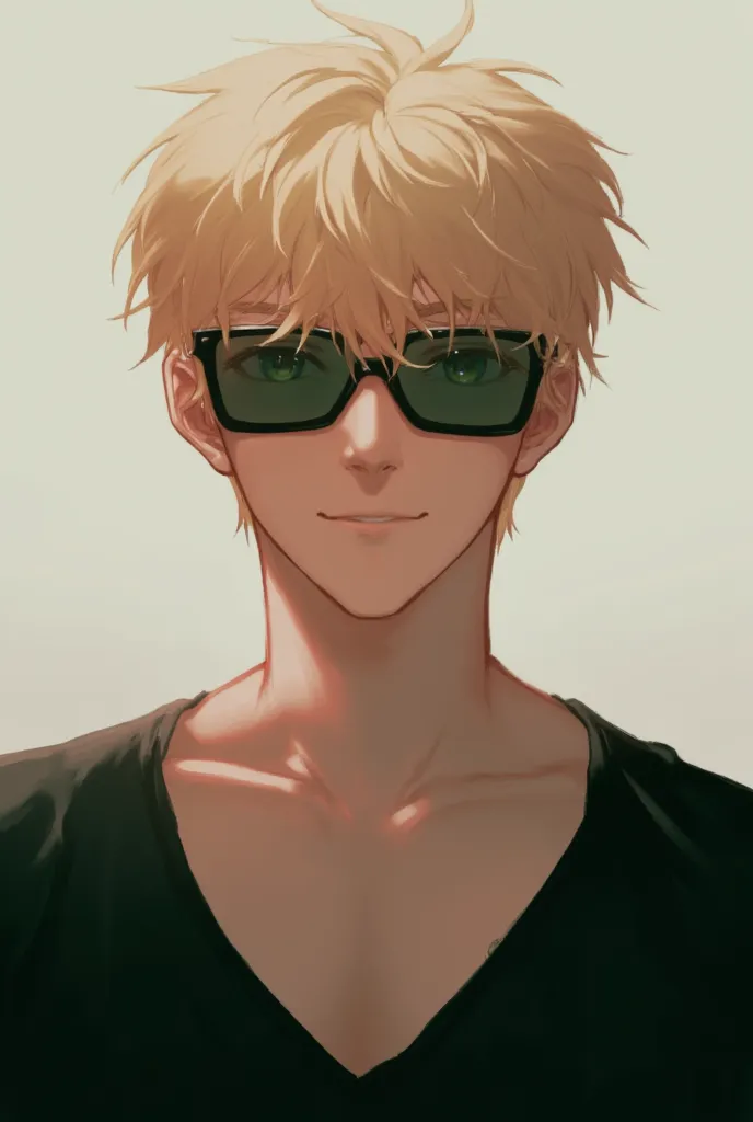 1 guy, looks at the viewer, green eyes, blond hair, short hair,  wearing sunglasses, upper body,  Tall, wearing a black low-cut t-shirt,  smile,  gentle tones ,