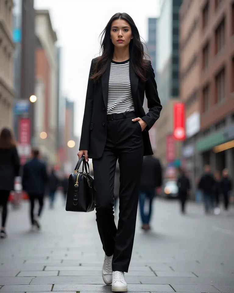 A Woman wearing stripped long sleeve, black blazer, black trousers, black crossbody bag and white sneakers.