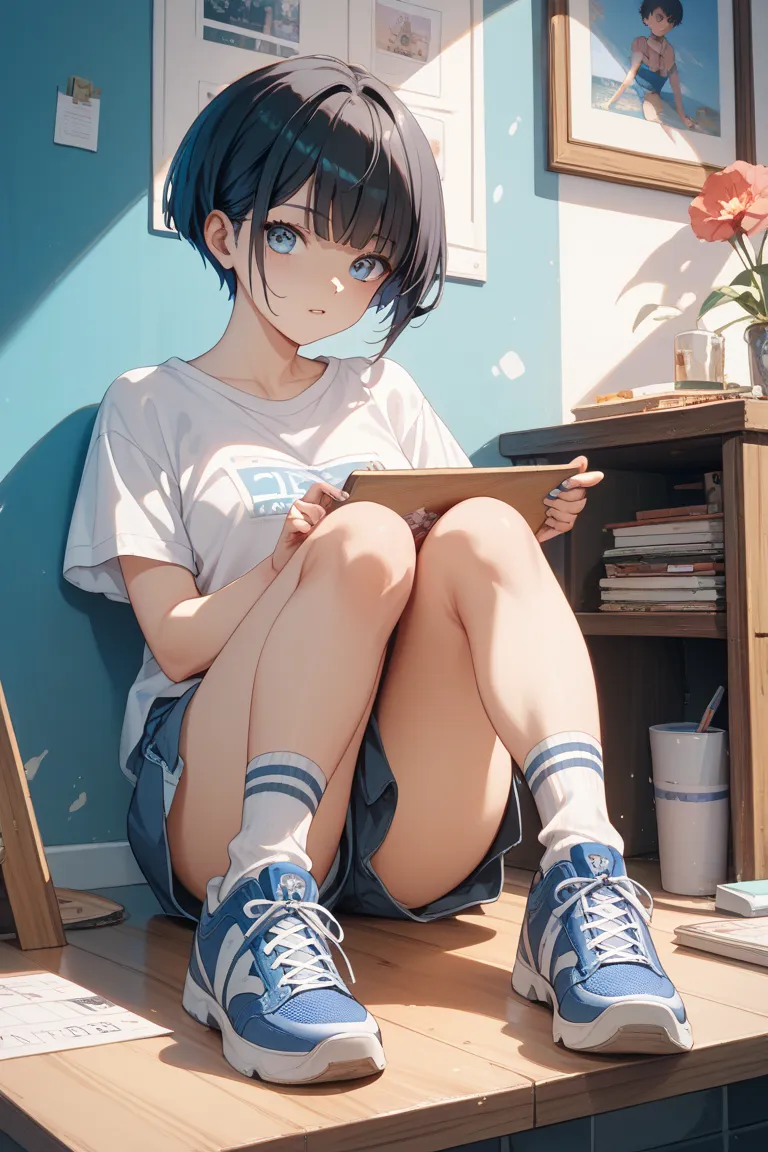 1 girl who died、masterpiece、top quality、uncorrected、 black hair、with bangs、pixie cut、Cutting board、slender、oversized t-shirt、Short sleeve、knee-high socks、blue sneakers、