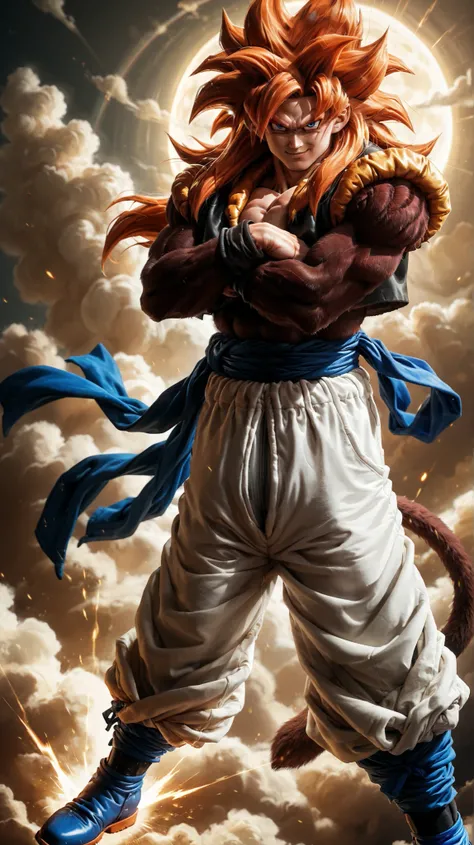 Ssj4 gojeta ,character with a muscular build, featuring spiky orange hair and a confident expression. The character has maroom fur skin  and is wearing a black top with a yellow fur-like collar. The outfit includes white baggy pants tied with a blue sash, ...