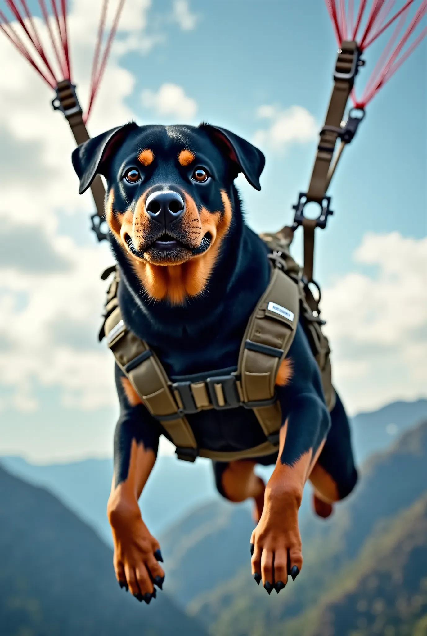 Create a dynamic and adventurous image of a Rottweiler dog parachuting from the sky. The Rottweiler should have a confident and determined expression, with its muscular build and sleek black-and-tan coat clearly visible. The parachute is rugged and sturdy,...