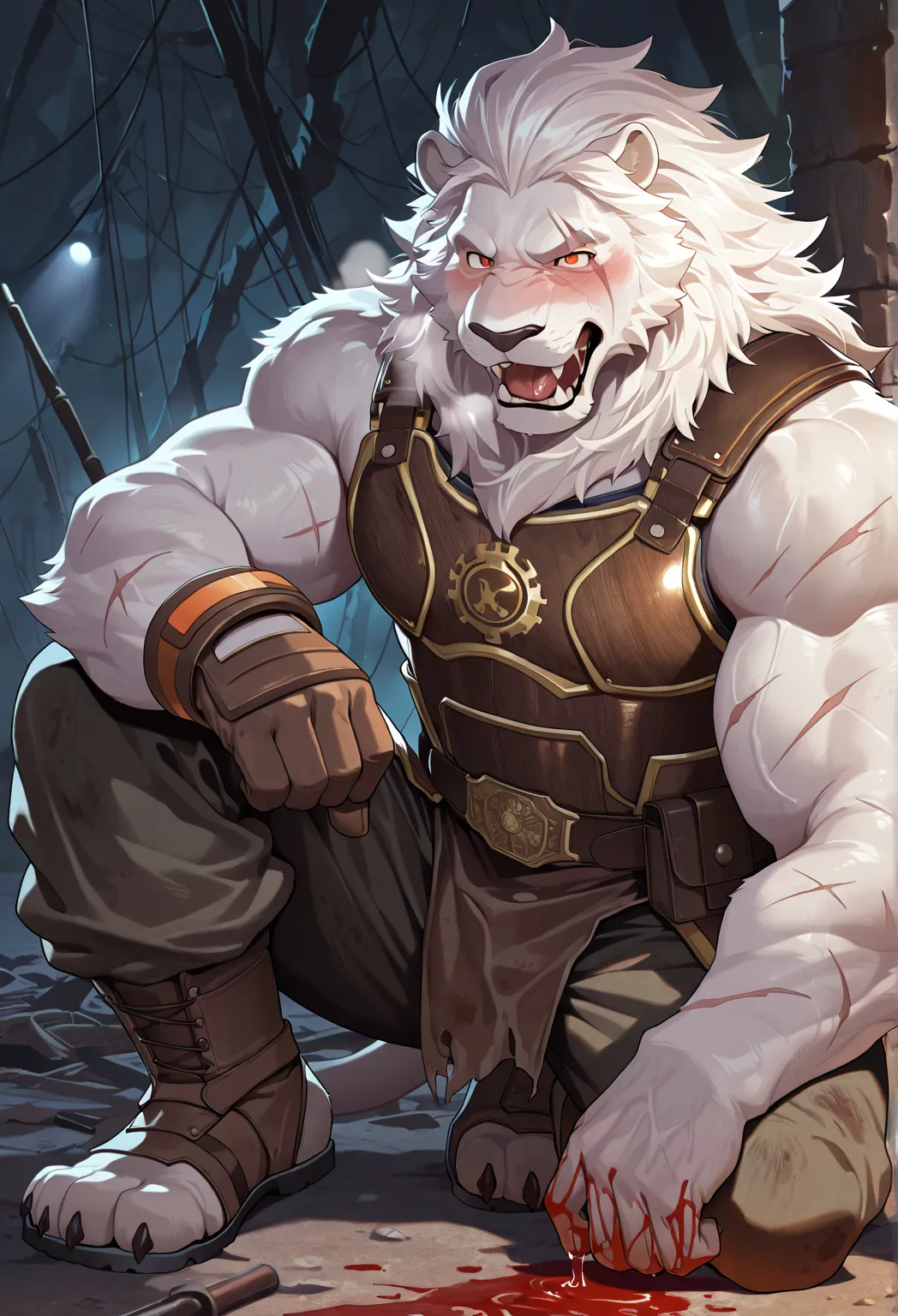 battlefield,  male,40 years old， grandpa ， Lonely, ((Round Face, Full face , orange eyes, scar)), ((Endocrine,  handsome，Hot Blood)), （commander's armor， no electricity ，exhausted), ((Domestic lion, WHITE LION ，) furry fur, furry), Bokeh, (High quality, hi...