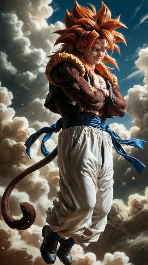 Ssj4 gojeta ,character with a muscular build, featuring spiky orange hair and a confident expression. The character has maroom fur skin  and is wearing a black top with a yellow fur-like collar. The outfit includes white baggy pants tied with a blue sash, ...