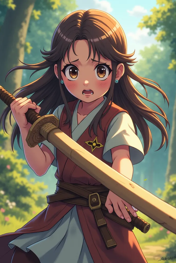 Anime cartoon girl warrior holding wooden sword brownd hair she looks scared