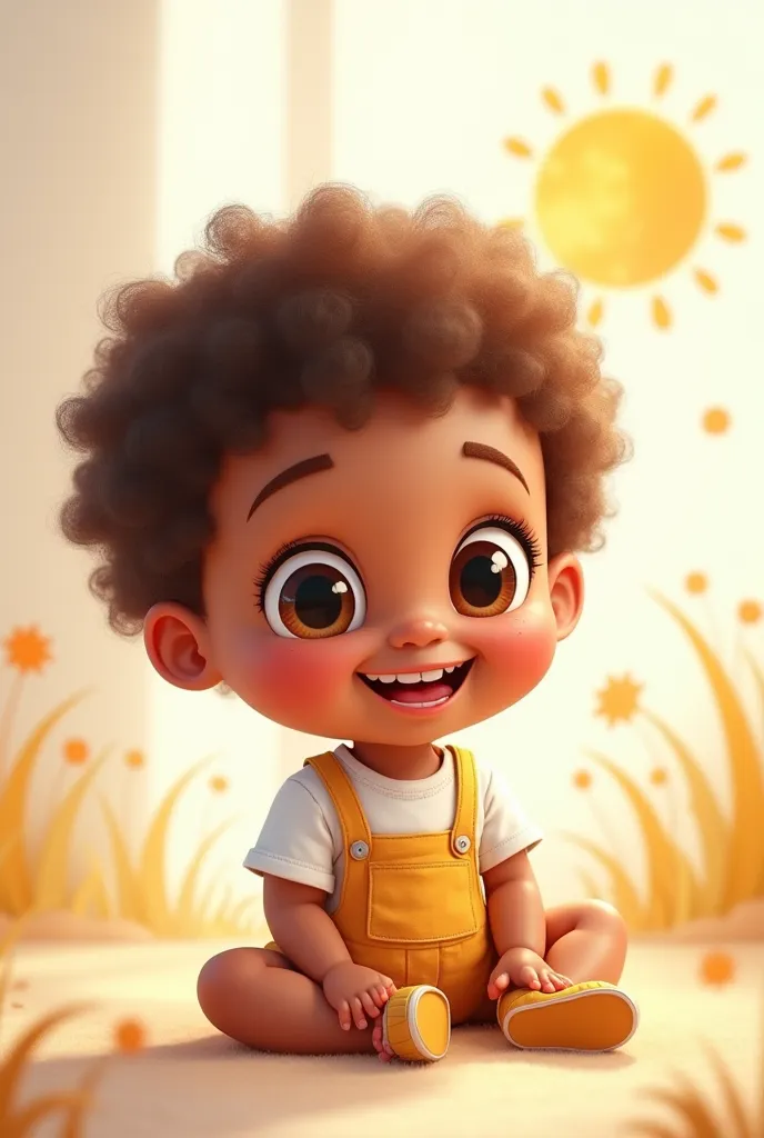 create a cute cartoon style baby mascot, smiling baby, brown eyes, curly hair, dark skin, with white shirt, romper/overalls, with shoes, watercolor sun details
