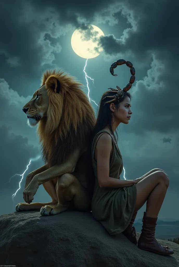 A lion with her hands folded on her knees and a scorpion girl with a sting on her head sit back to back on a rock against the background of a dark stormy sky covered with clouds without a moon 
WITHOUT THE MOON
The sky is dark, clouded, and with lightning ...