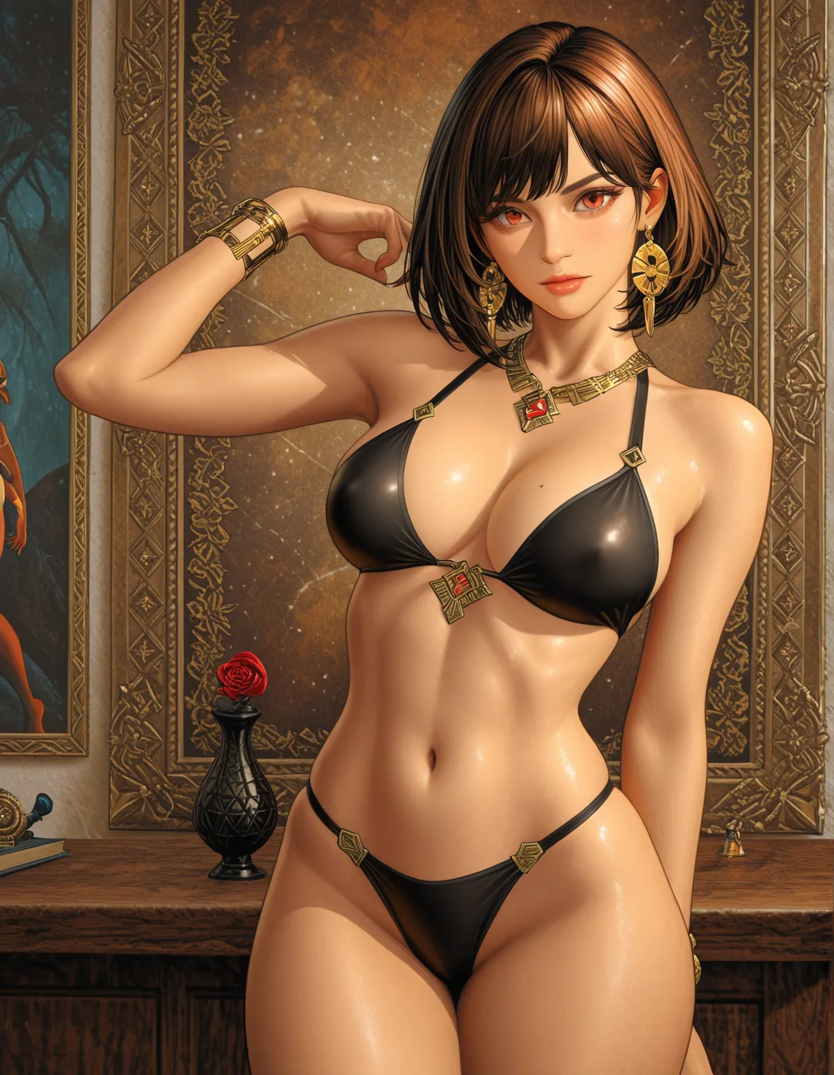 a woman in a black bikini and gold jewelry posing for a picture, extremely detailed artgerm, ig model | artgerm, style of artgerm, style artgerm, artgerm and rossdraws, in style of artgerm, in the style artgerm, artgerm style, like artgerm