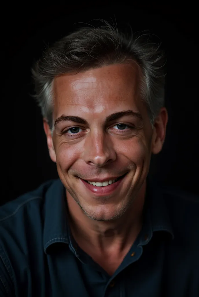 ( close up , Editorial photograph of a 44-year-old man), ( Very detailed face : 1,4) ( smile: 0,7) (background inside a dark and melancholic private studio: 1,3) throw, di lee jeffries,  Nikon D850 , stock photograph, 400 for 4 kodak ports, lens f1.6,  int...