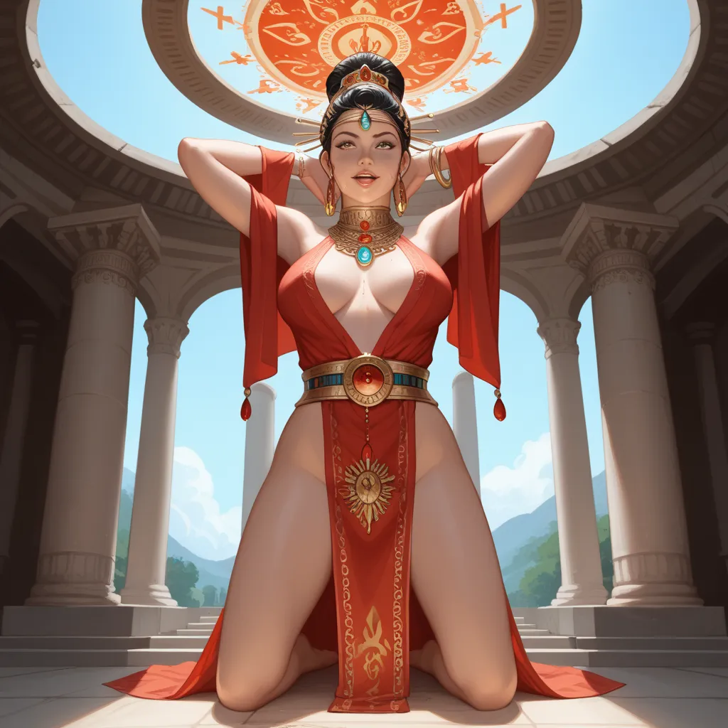 A solemn and devoted elven priestess, kneeling before a towering, eldritch altar deep within an ancient temple. Her delicate, ethereal features are partially obscured by a thick, otherworldly slime that drips from her face and chest, a sacred offering from...