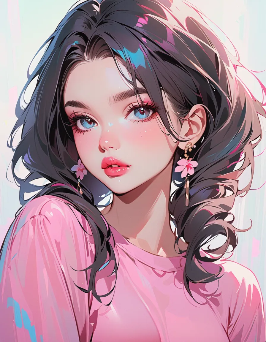 1girl, solo, black_hair, pink_shirt, looking_at_viewer, lips, twintails, earrings, jewelry, long_hair, blue_eyes, shirt, eyelashes, pink_lips, upper_body, 