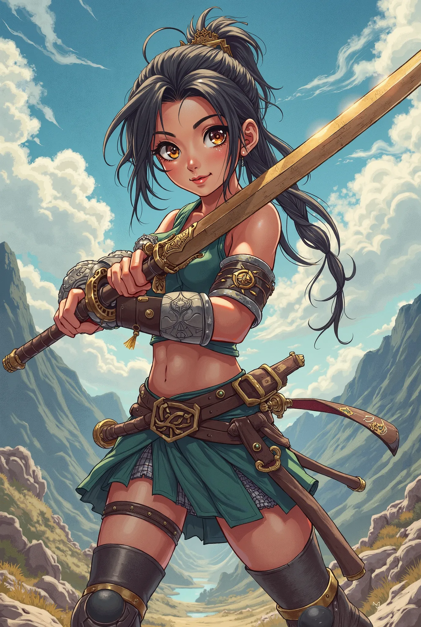 Anime cartoon girl warrior holding wooden sword