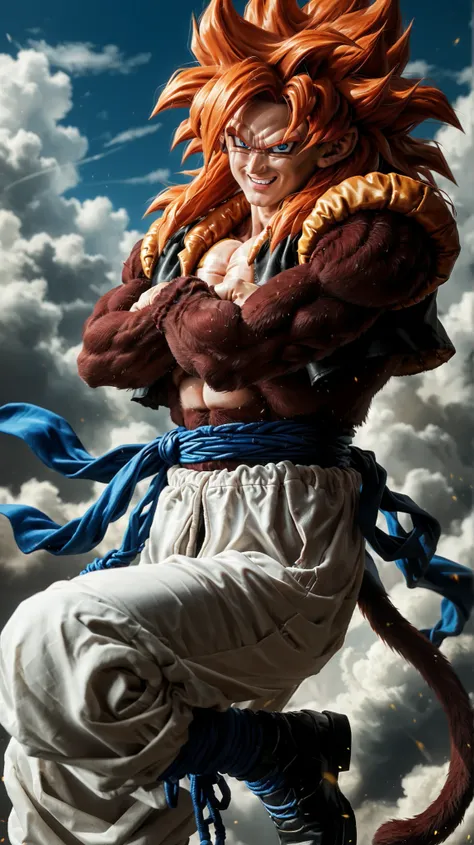 Ssj4 gojeta ,character with a muscular build, featuring spiky orange hair and a confident expression. The character has maroom fur skin  and is wearing a black top with a yellow fur-like collar. The outfit includes white baggy pants tied with a blue sash, ...