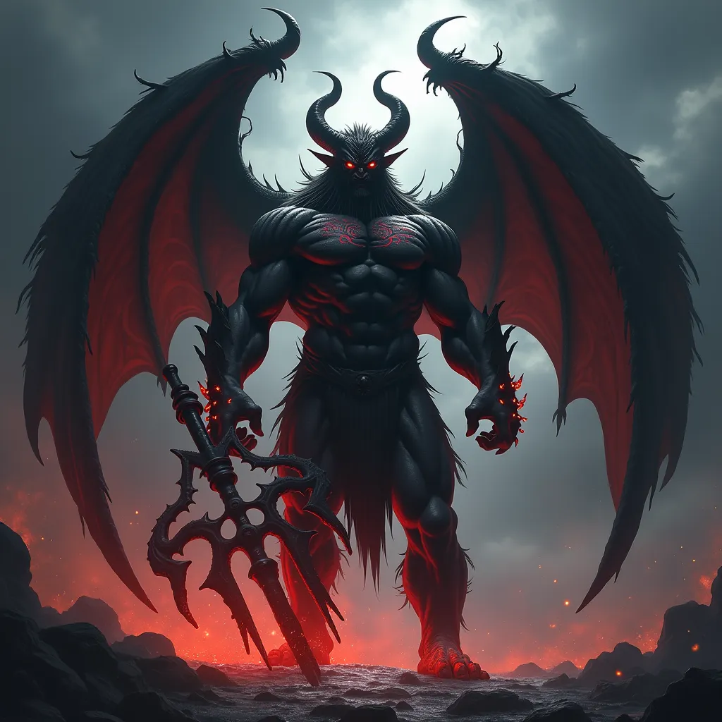 A towering, muscular human demon, Leviathan stands as the embodiment of endless chaos and hunger. His entire body is jet black, as if carved from living shadow, absorbing all surrounding light. His massive physique is deeply defined, with muscle and sinew ...