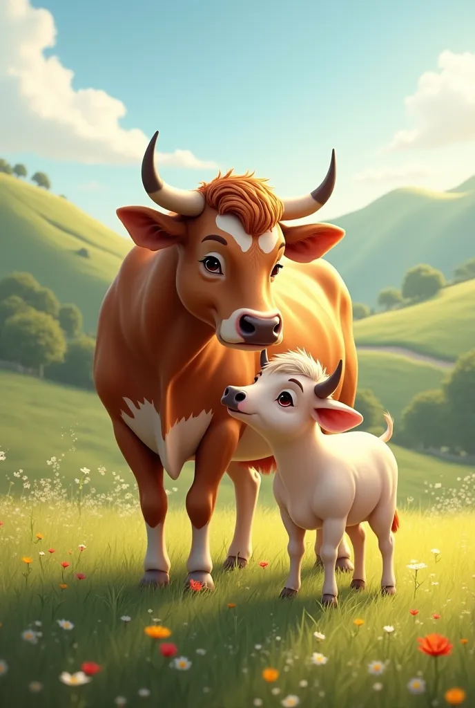 A cow and her baby stand together 