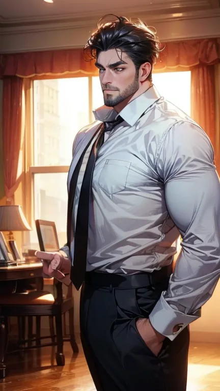 (    thighs,4K,8k,       highres,    masterpiece :1.2),    ultra-detailed    ,(Realistic,photoRealistic,photo-Realistic:1.37),36-year-old man,3 day beard,Beautiful anime,Portraits,strong,masculine,         with black hair  ,sharp jaw,              mesmeriz...