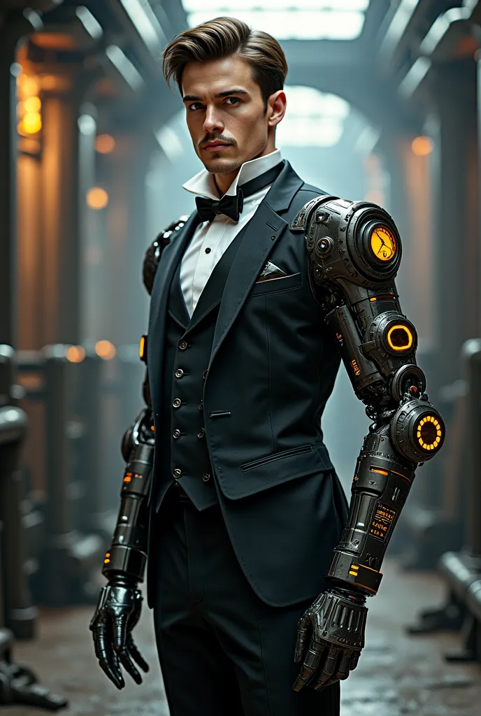  Realistic full-body drawing of a young businessman from the year 1820 cyborg version 