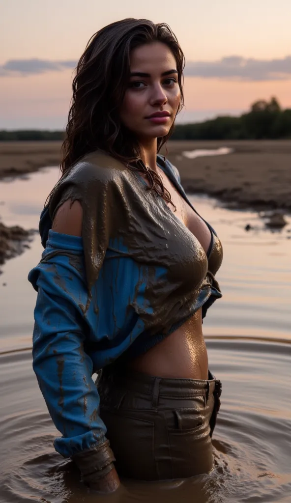 (DUSK, ((woman taking bath in deep mud lake, Isabella, 20 years old, soaking wet, dark long hairs, mud spreads all over her, ))(hoodie, off shoulders, blue, covered in mud, mud soaked, soaking wet, mud covered, )(jeans, soaking wet, mud covered, soaking mu...