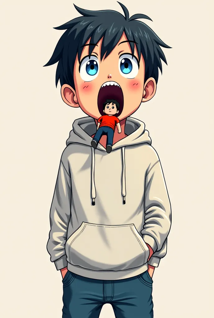 An anime style image of a young boy with blue eyes, wearing a white hoodie and blue jeans, standing with his mouth open widely.

 In the back of the mouth there is a very tiny man wearing red t shirt and black pants, lying face down on the tongue inside th...