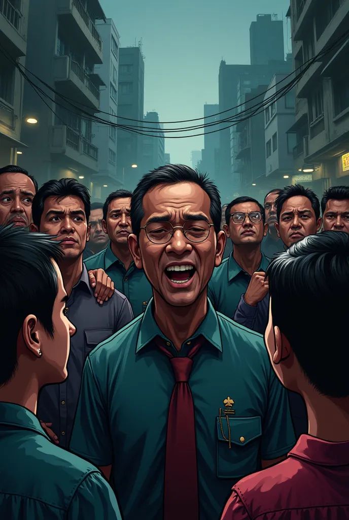 Indonesian Corruption Comics, realistic digital illustration, dark and gloomy colors, corrupt city background, Corrupt leaders, group of people bribing, abusing power, disappointed and angry facial expressions, 4K, ultra-detailed, studio lighting, extreme ...