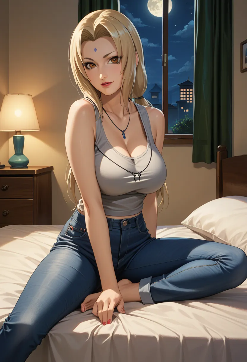 Masterpiece, extremely detailed, 8k quality, Tsunade, Naruto the anime, inn bedroom, night time, dimly lit, large breasts, tank top, jeans, necklace 