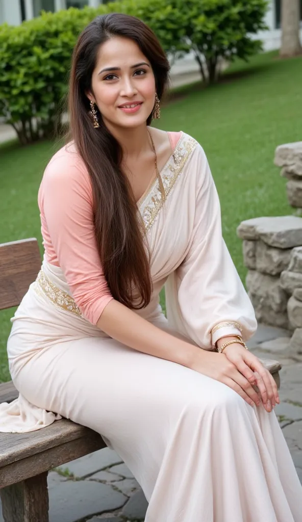 Malayali woman, wearing light ash  saree and peach ethnic  blouse, sotting in Switzerland garden,Looking at viewer, 