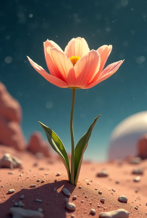 Une image inspirée du petit prince d'une fleur qui pouce dans un endroit lunaire ou  sur un astéroïde 