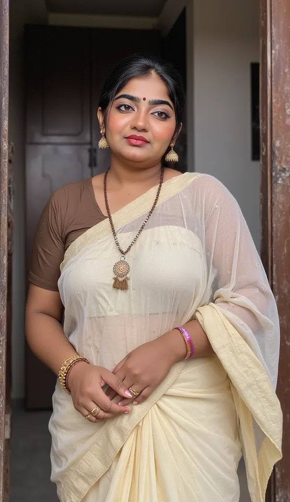 hot healthy south indian dark brown skin curvy milf with hair bun, big breast, simple small black dot bindhi, broad shoulder, big hip, big ass, thick thighs, woman wearing white  saree and  brown color blous, in indian middle class house bedroom, ultra hd ...