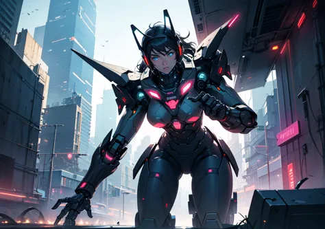 A futuristic cybernetic pilot sits inside the high-tech cockpit of an advanced mecha, overlooking a sprawling neon-lit cityscape through the reinforced glass canopy. The pilot, a young woman with piercing blue eyes and short, messy black hair, wears a slee...