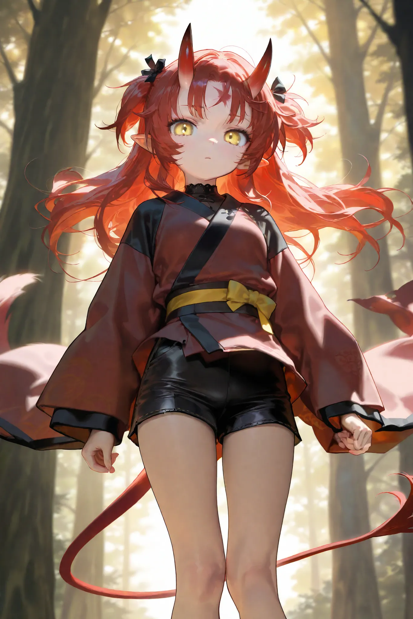 ( Masterpiece : 1.2), (    very detailed: 1.2), (    very detailed CG: 1.2), (    HD: 1.2), 1woman, oni, crimson hair with black gradient, multicolored hair, messy bangs, two small horns on forehead, bright yellow eyes, cat pupils, long pointy ears, simple...