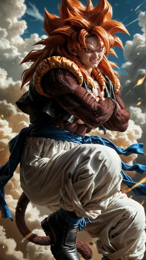 Ssj4 gojeta ,character with a muscular build, featuring spiky orange hair and a confident expression. The character has maroom fur skin  and is wearing a black top with a yellow fur-like collar. The outfit includes white baggy pants tied with a blue sash, ...