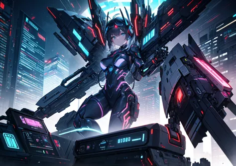 A futuristic cybernetic pilot sits inside the high-tech cockpit of an advanced mecha, overlooking a sprawling neon-lit cityscape through the reinforced glass canopy. The pilot, a young woman with piercing blue eyes and short, messy black hair, wears a slee...