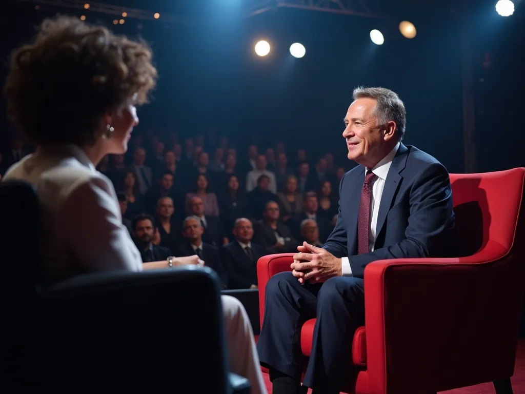  Create an image, conveying the intense atmosphere of a TV talk show. There are two people on stage: confident billionaire in an expensive suit, sitting with a straight look, and a presenter with a provocative smile, asking sharp questions. The audience in...