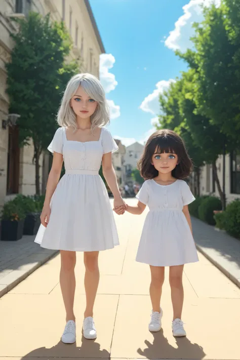 A ager named Marie (white hair, blue eyes, white clothes and white shoes) with her sister named Santona ( dark grey hair, green eyes, white clothes and white shoes) standing on the sidewalk of the street together holding hands on a beautiful sunny day