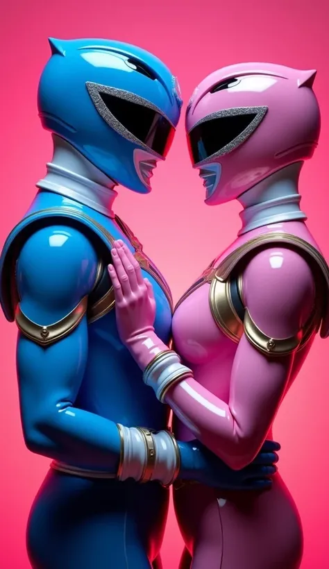 A blue Power Ranger and a pink Power Ranger are in a romantic embrace. The blue Ranger wears armor futuristic bright blue with silver metallic details, while the pink Power Ranger has a elegant vibrant pink with gold details. They look at each other affect...