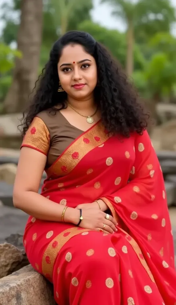 A beautiful young  malayali house wife, chubby cheeks, curvy, wearing  red designer saree and a brown satin  blouse, long curly  thick black hair, sitting in a beech in mauritious,,outdoor photoshoot poses, scenic  mauritious ,, she has beautiful feet with...